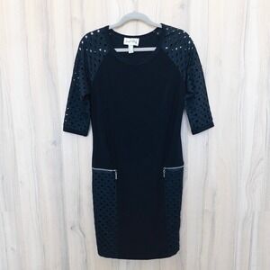 Joseph Ribkoff Womens Career Dress Sz 10 Black Perforated Sleeve Minimalist Chic